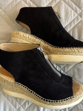 KANNA Genuine Black Suede Espadrille Wedge Sandals Size 36